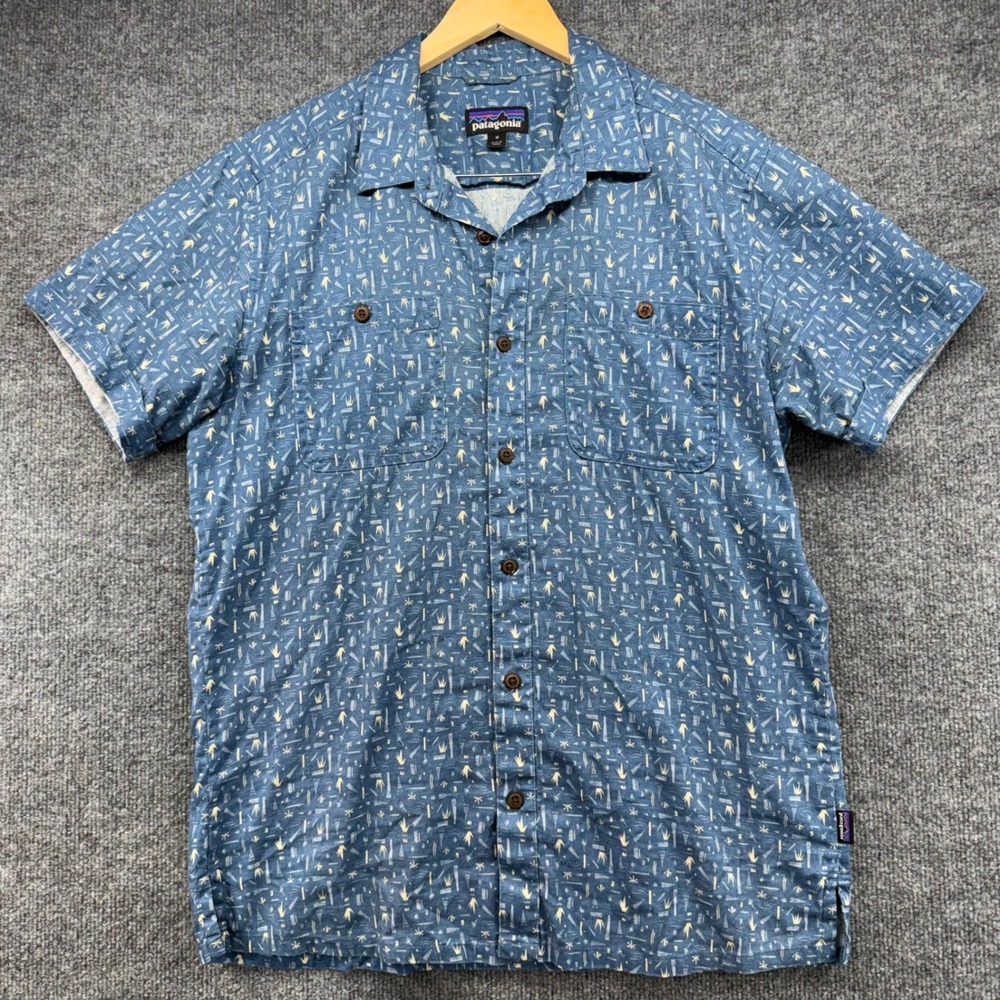 Patagonia Mens AC Shirt Blue Hemp Organic Cotton Print Short Sleeve‎ Size M